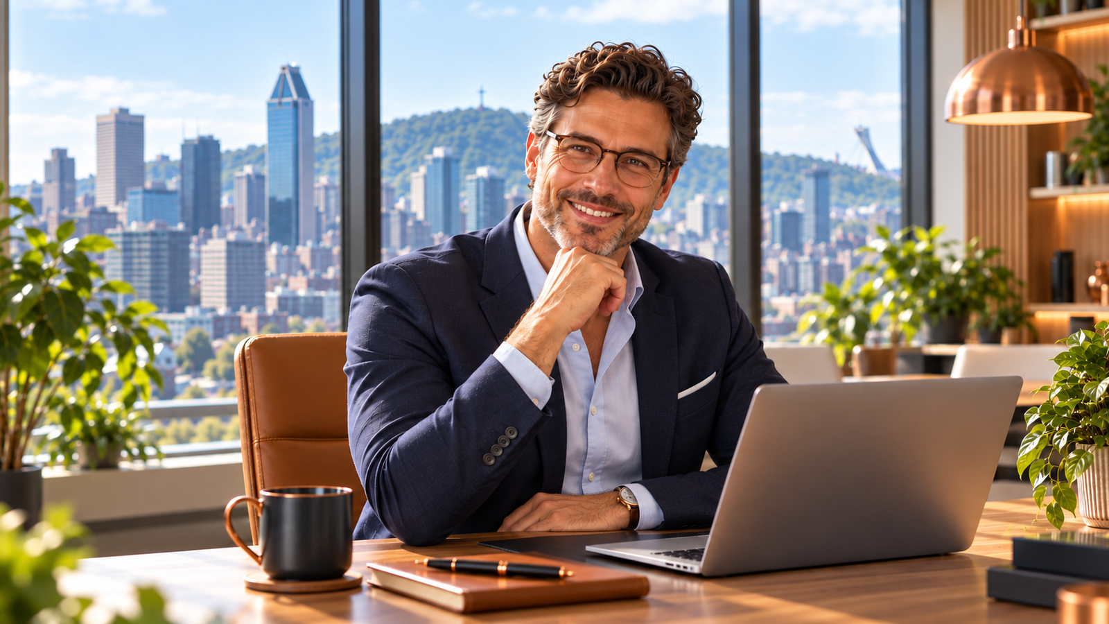 Professionnel en costume et lunettes souriant devant un ordinateur portable.