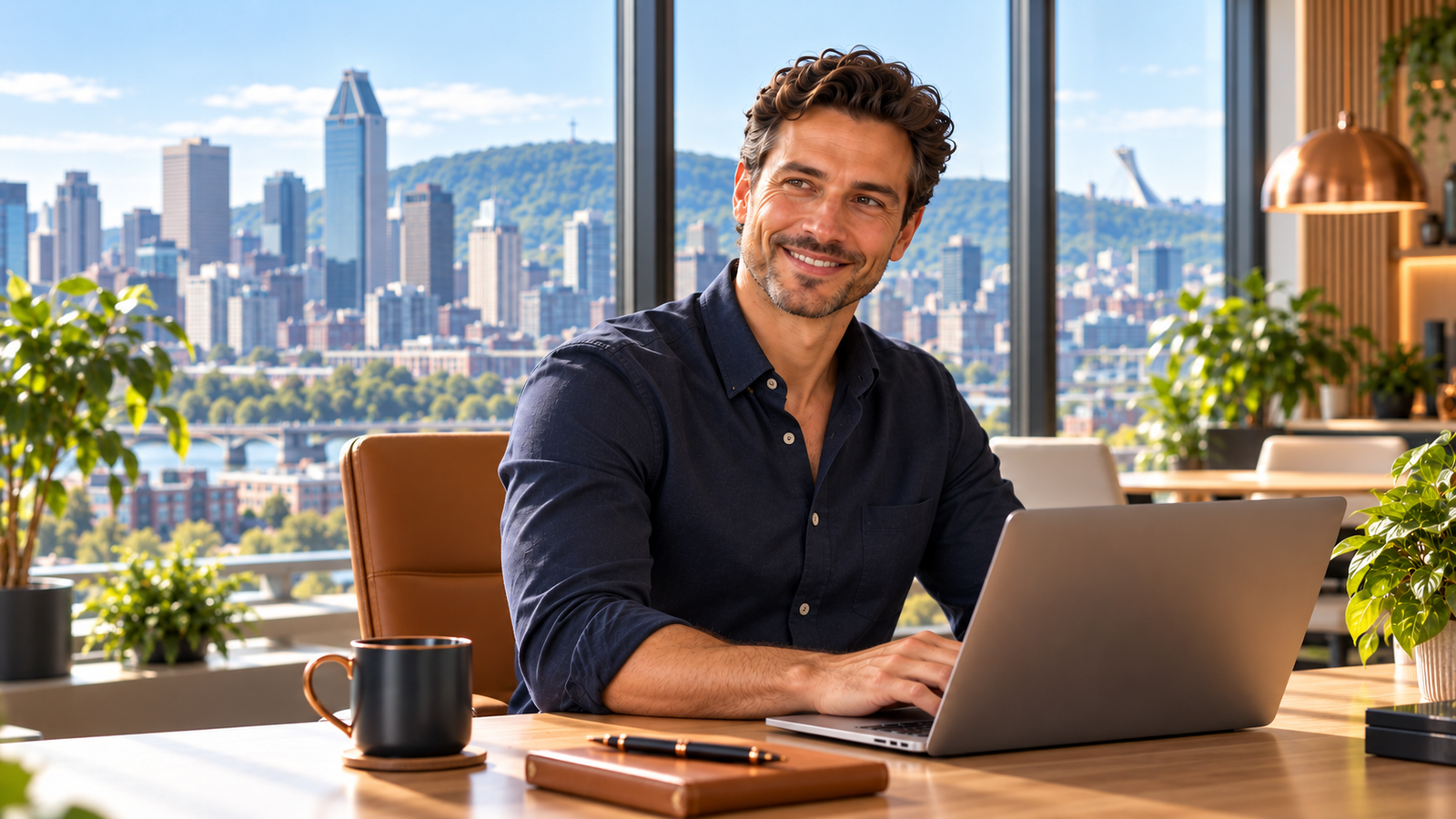Jeune professionnel souriant devant un ordinateur portable dans un bureau lumineux.